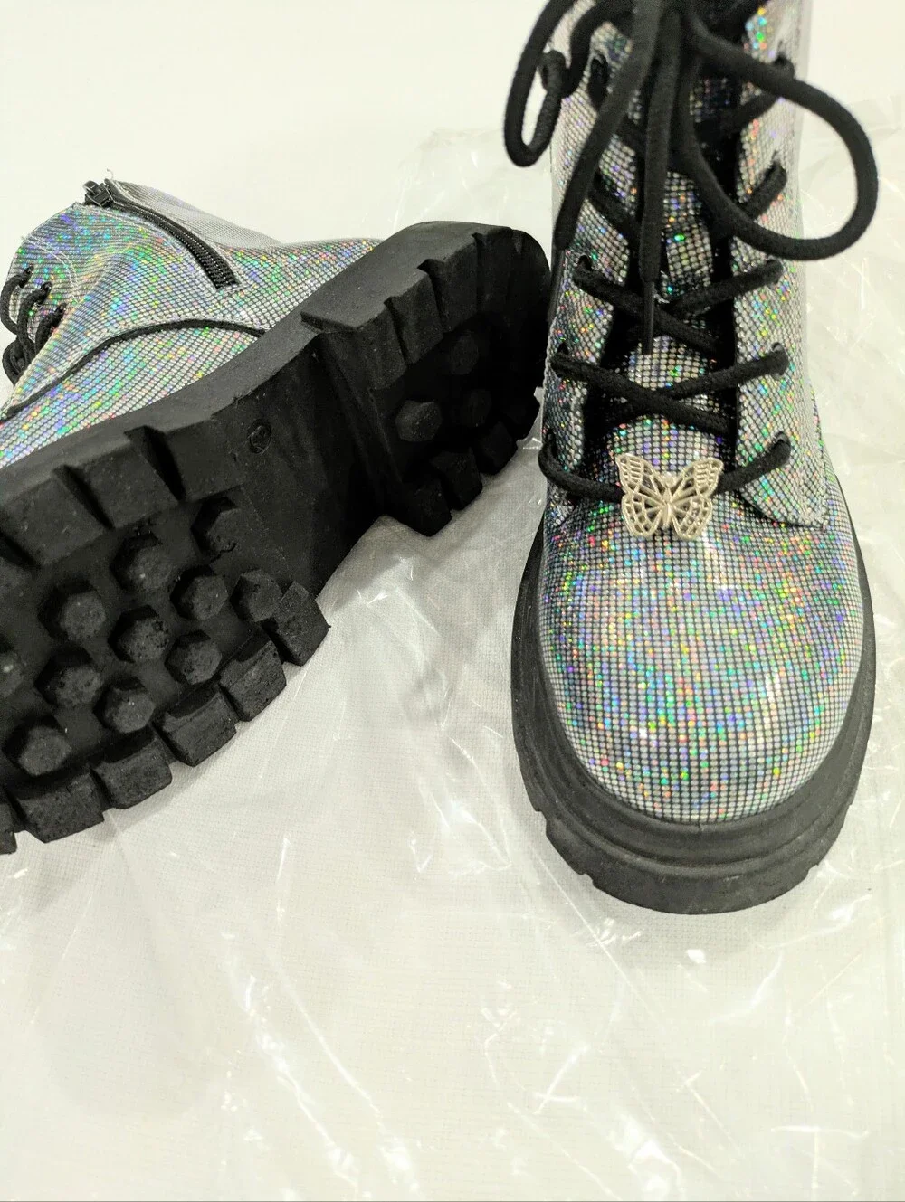 Holographic Silver Combat Boots Butterfly Charm, Child Size 3